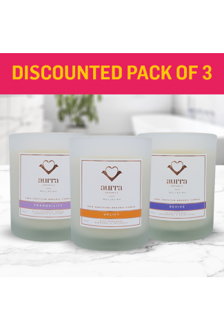 Discounted pack of 3 organic candles - Tranquility, Uplift and Revive Aurra Organics 100% Certified Organic Candles - Normal SRP £149.94